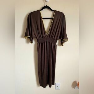 Julie Haus Brown/Gold Plunging V Midi Stretch Lined Resort Dress Sz 8 EUC